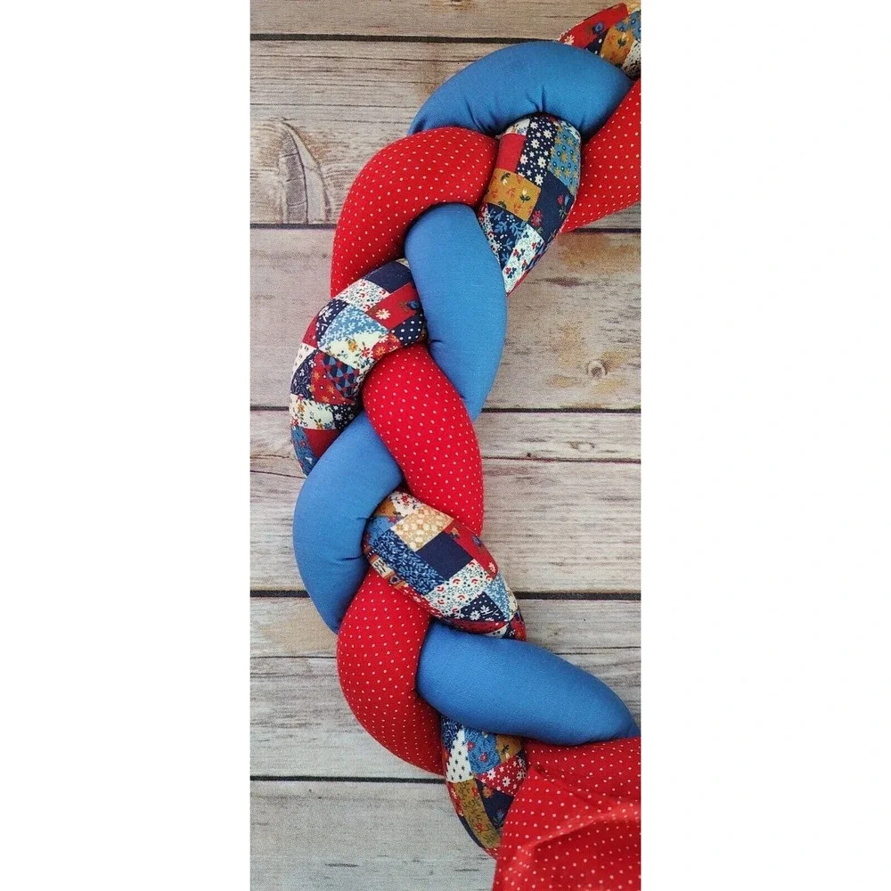 Vintage braided wreath country Primitive fabric hand crafted bow red Blue A14